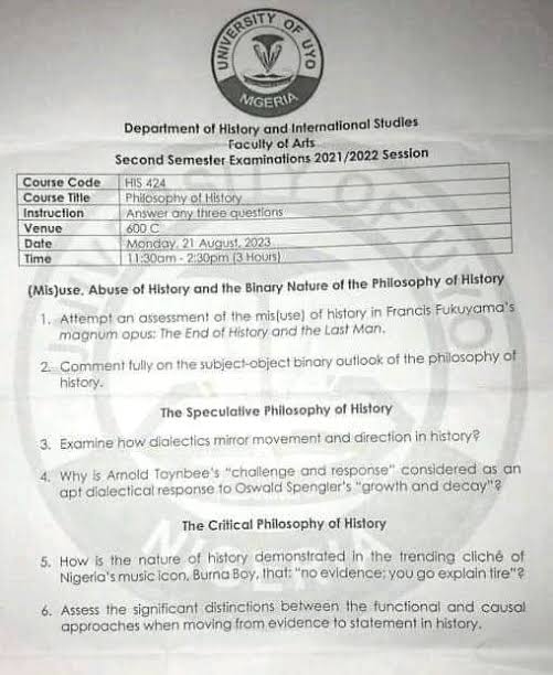 Burna Boy's Popular Statement Appears in UNIUYO Exam Question 