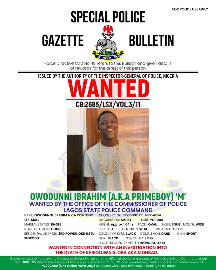 PrimeBoy’ Declared Wanted By Lagos Police For Mohbad’s Death