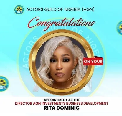 Rita Dominic Bags Appointment as Director Actors Guild of Nigeria